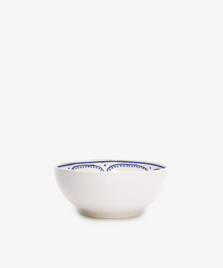 Set of 4 Arco Cereal Bowls made of white ceramic, featuring a simple blue dotted pattern along the inner rim, displayed on a plain white background.