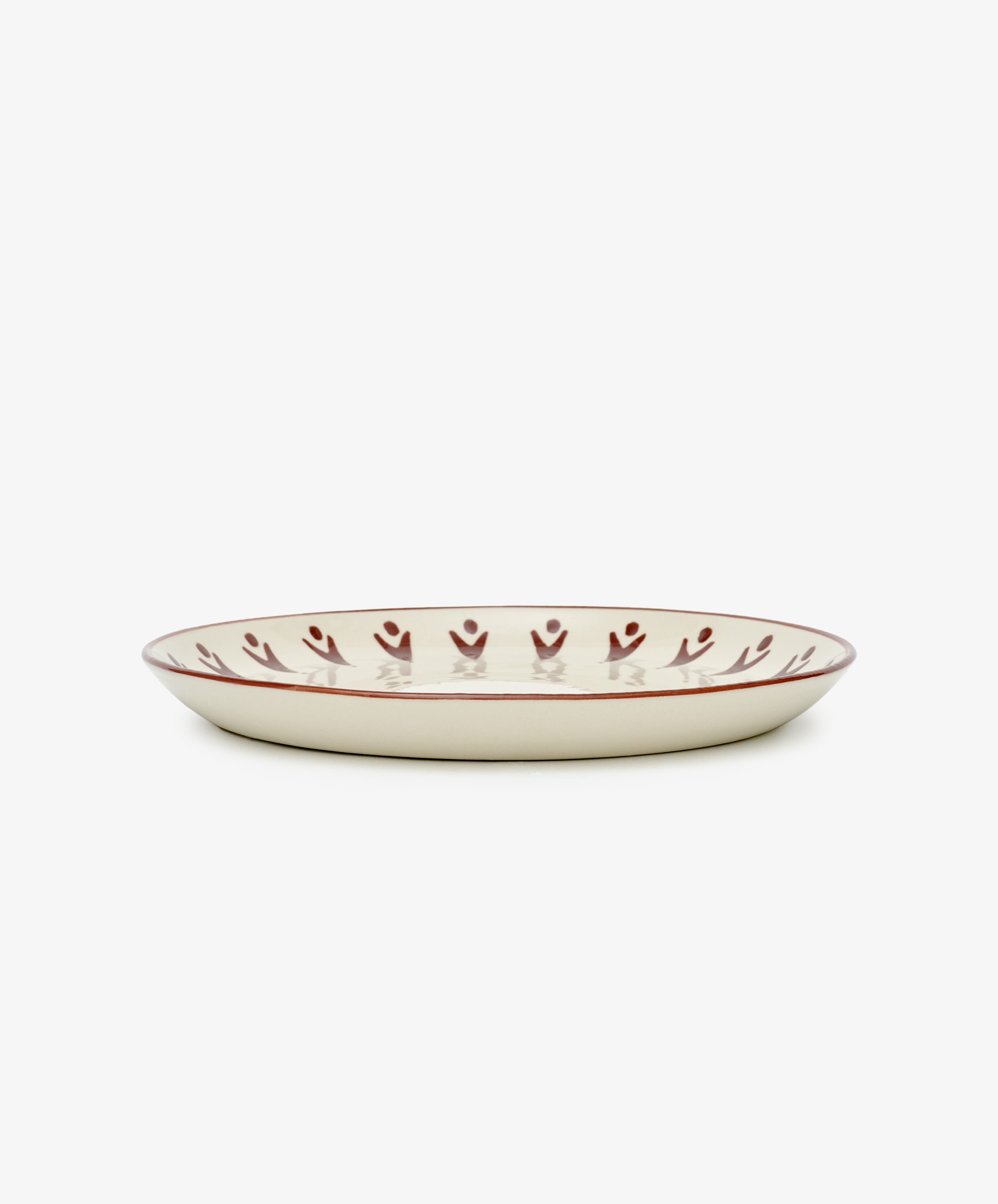 The Vito Dinner Plate, Set of 4, features round ceramic plates with a cream base, brown rim, and handmade leaf-like edge pattern—ideal for everyday use. Shown against a white background.