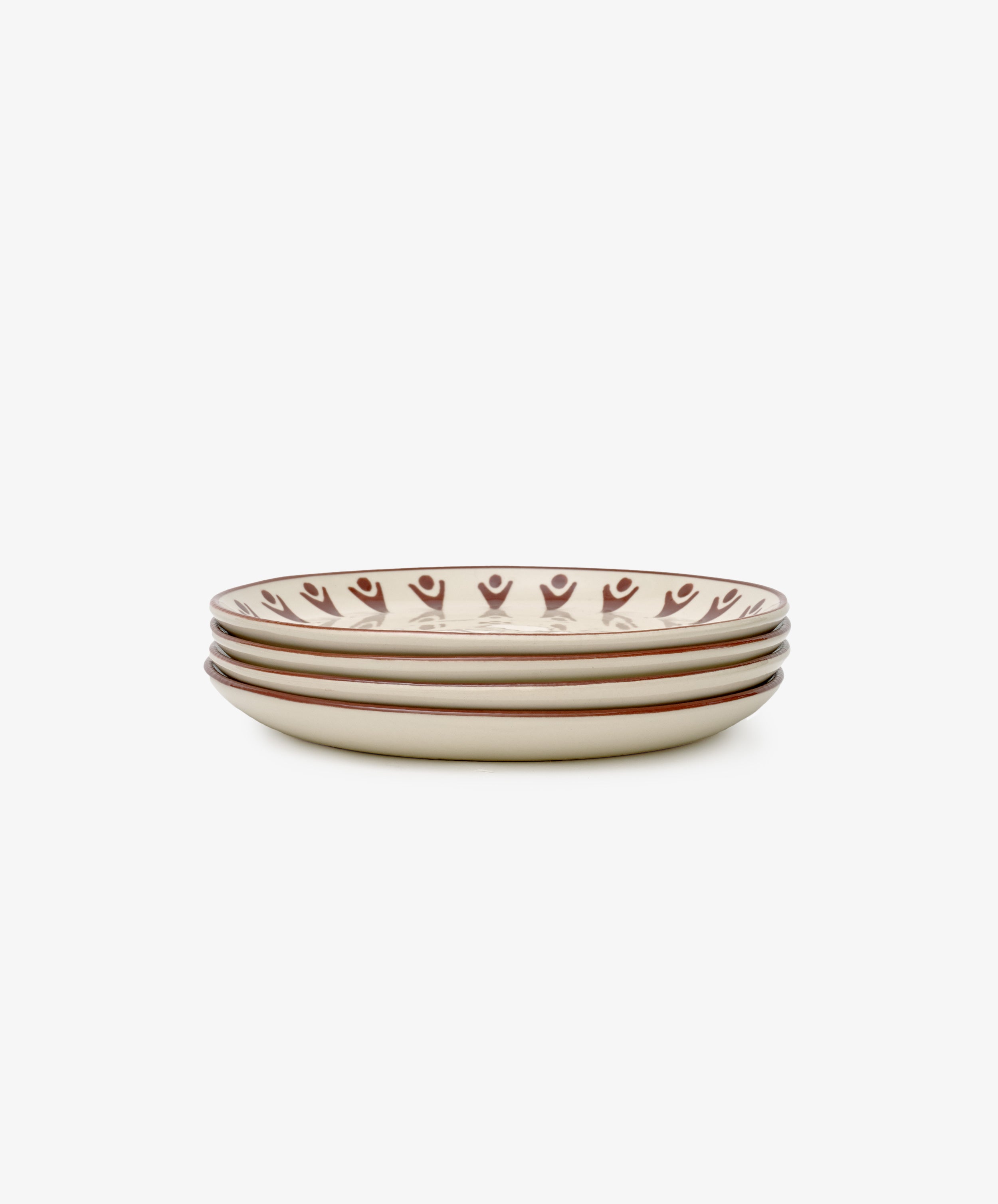 The Vito Small Plate, Set of 4, features beige ceramic plates with brown rim patterns, perfect for everyday use and displayed on a white background.