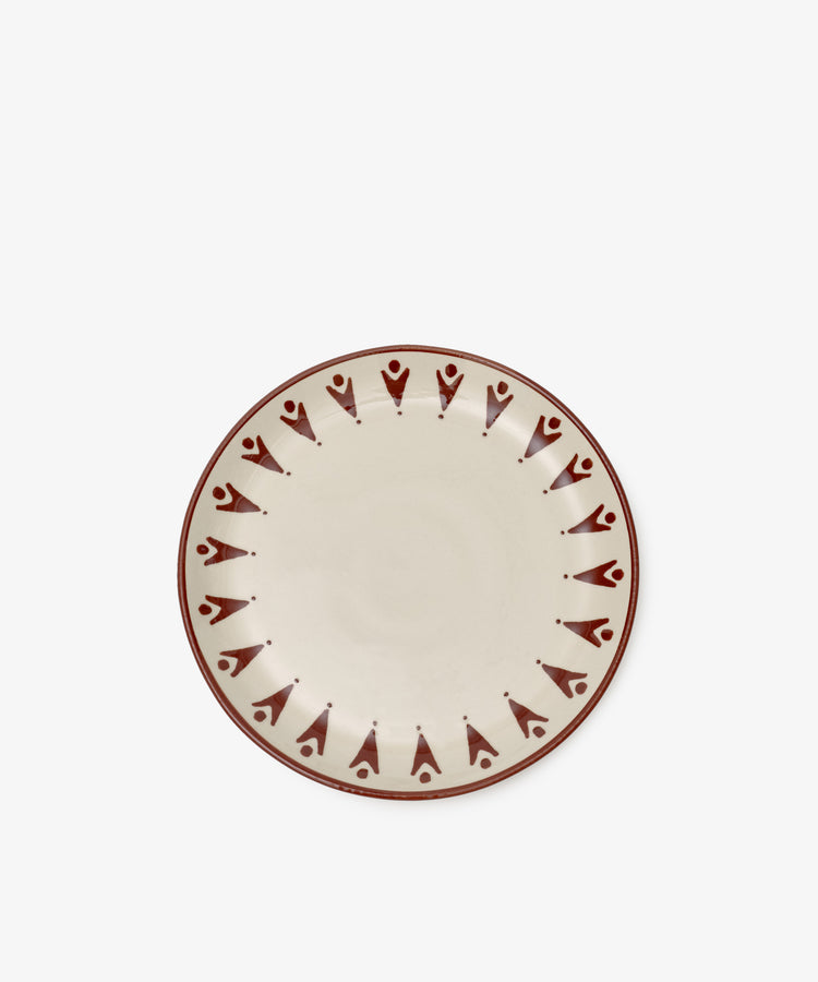 The Vito Small Plate, Set of 4 features round ceramic plates with a cream background and a symmetrical brown geometric rim—ideal for daily use.