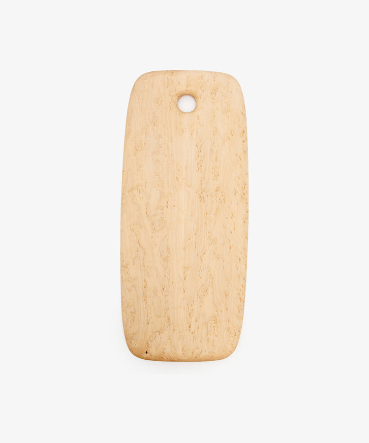 Birds Eye Maple Serving Board. Rounded edge tall, large-sized rectangular wooden board with circular hole at top centre.
