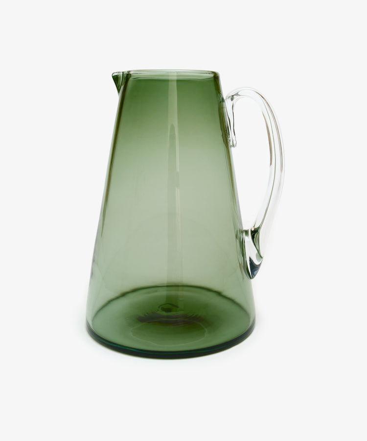 Gemma Jug. Transparent smoke-green hand-blown glass jug with clear handle.