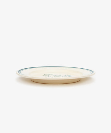 The Folk Dinner Plate, Horse is a cream-colored ceramic plate, hand-painted with a thin blue rim and a simple blue horse illustration in the center by an Italian ceramist. Shown against a white background.