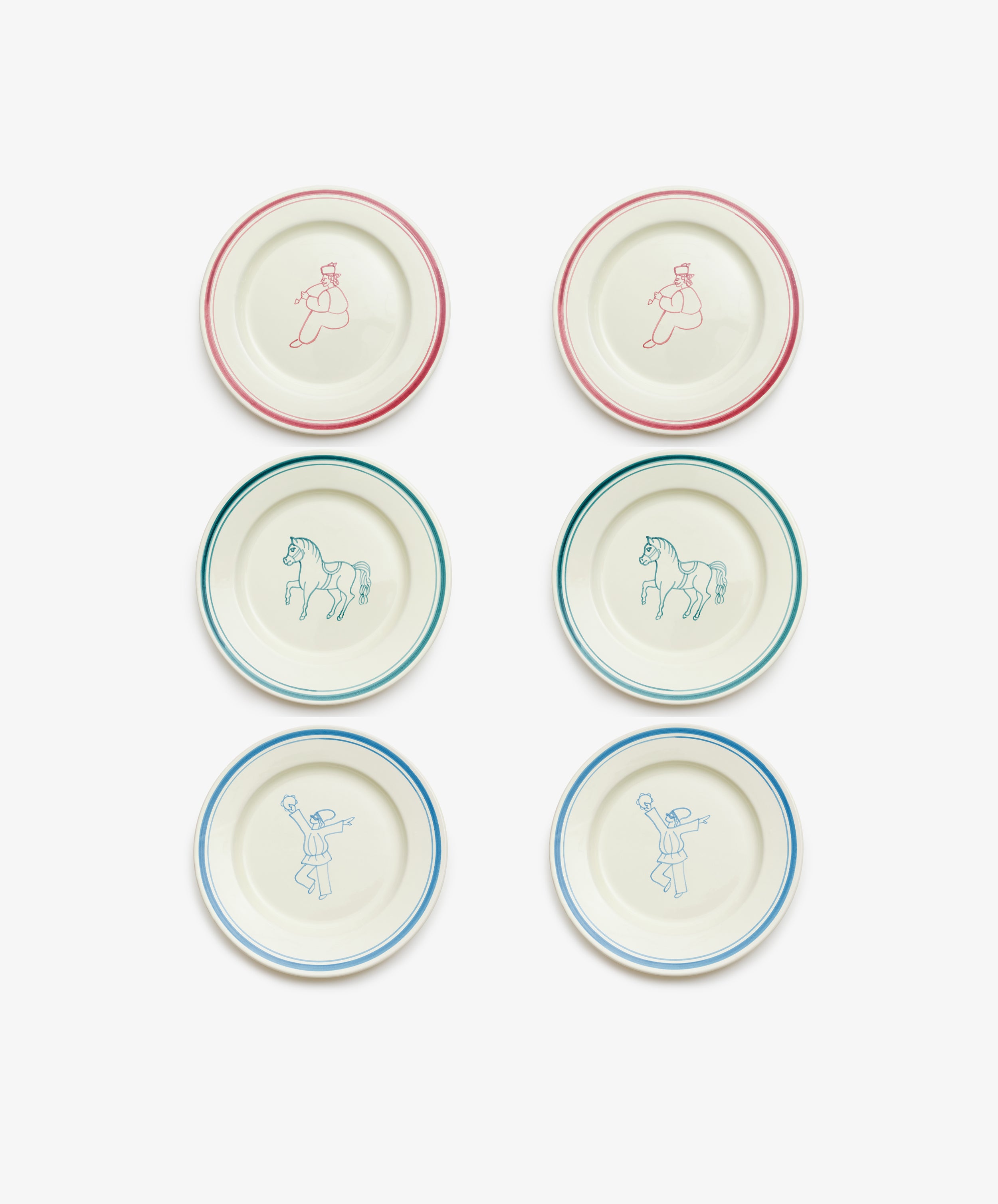 Set of six cream-colored Folk Dinner Plates, Farmer, hand-painted with blue, green, and red rims and a central line drawing of a person or horse—crafted by an Italian ceramist and arranged in two columns.