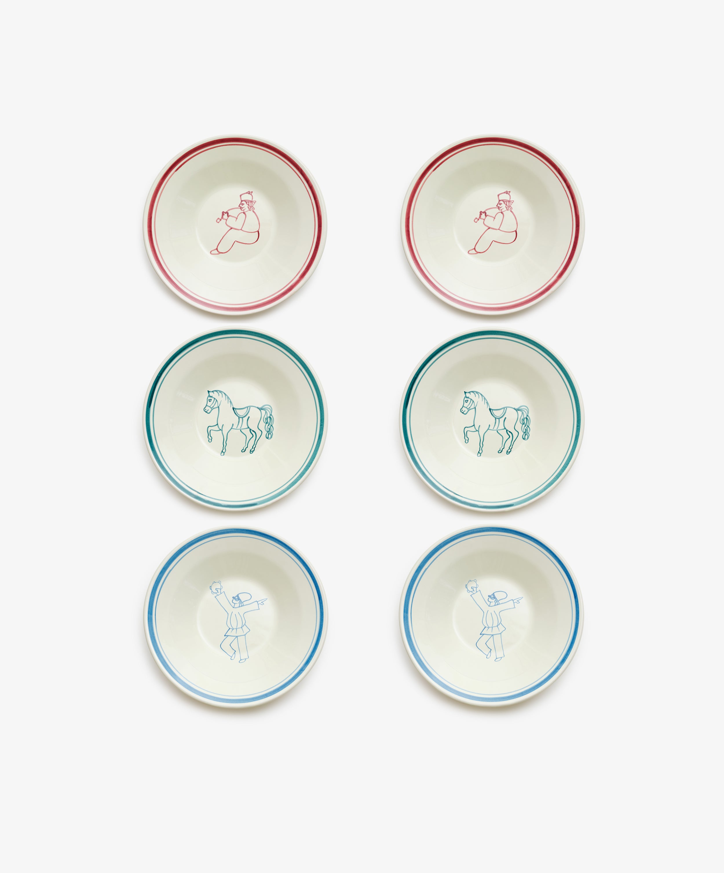 Set of six Folk Pasta Bowl, Farmer hand-glazed ceramic plates featuring simple colored line drawings—two with a rider, two with a horse, two with a person—arranged in three rows of two and inspired by an Italian ceramist’s artistry.