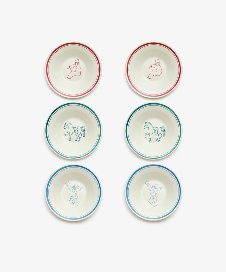 Set of six Folk Pasta Bowl, Farmer hand-glazed ceramic plates featuring simple colored line drawings—two with a rider, two with a horse, two with a person—arranged in three rows of two and inspired by an Italian ceramist’s artistry.
