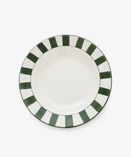 Julius Serving Platter in Green. Green stripes on round white ceramic platter. Top view.