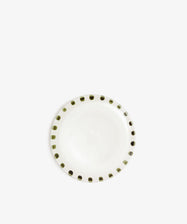 Nina Small Plate by Enza Fasano. White glazed ceramic plate with green painted rim details.