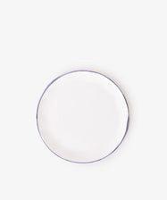 A set of 4 plain white ceramic cake plates with thin dark rims, ideal for serving tea or displaying treats, shown centered on a white background.
