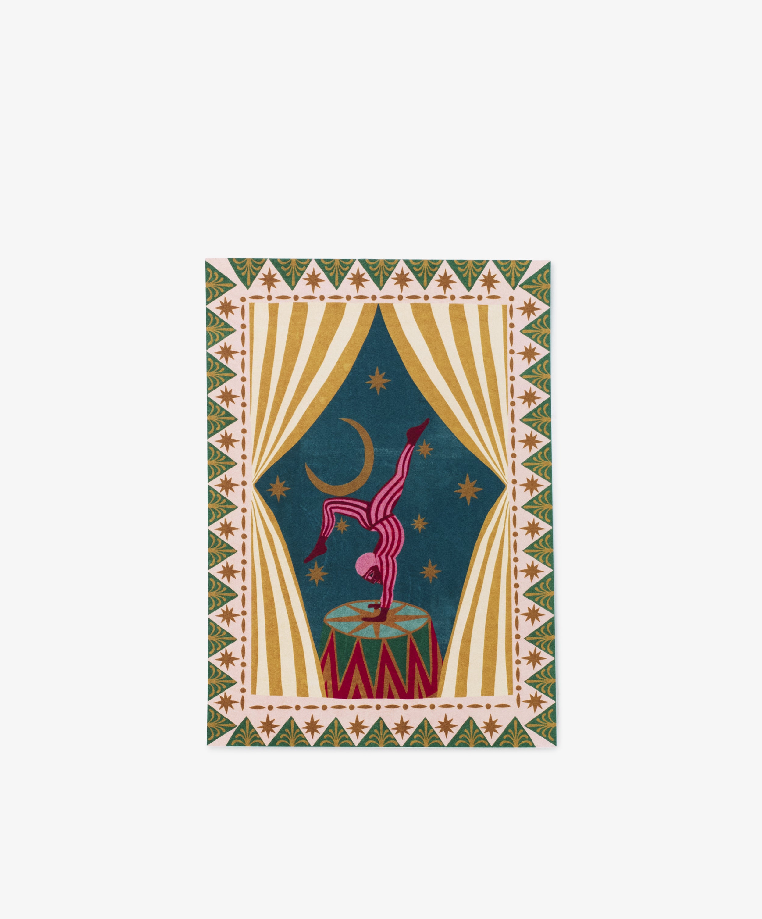 The PORTA Post is a colorful rectangular rug displaying a circus scene with a performer balancing on a drum, star patterns, curtains, handwritten words, and a crescent moon set against a blue background.