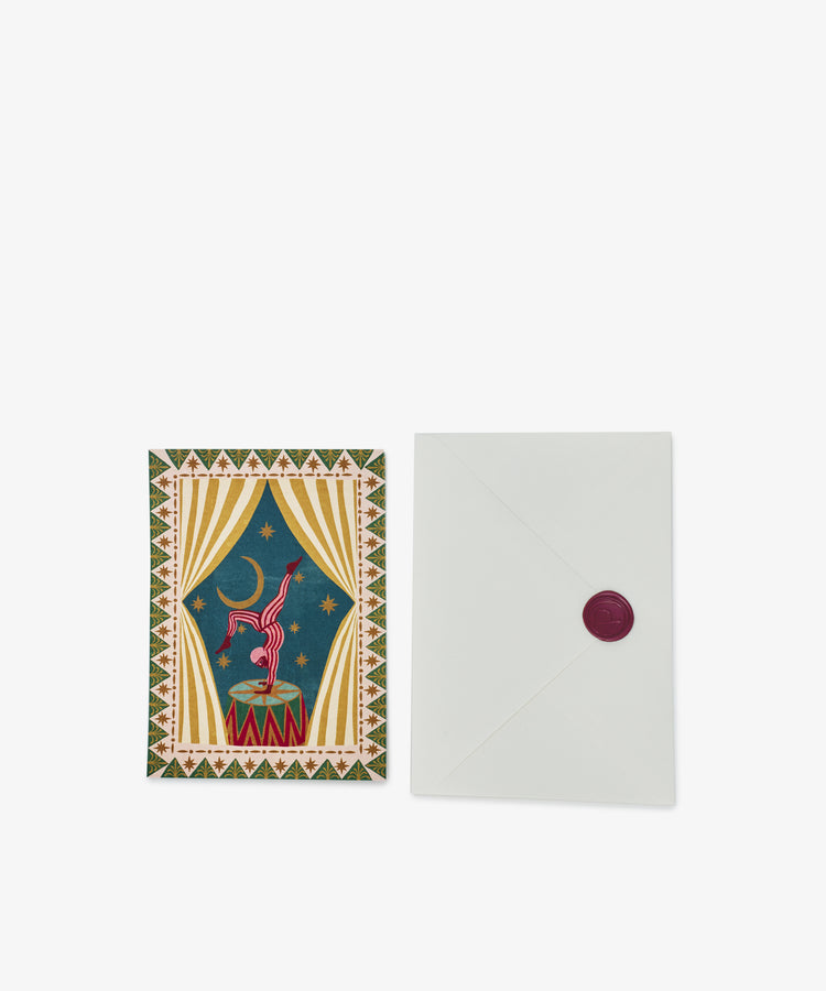 PORTA Post: A greeting card with a circus acrobat design by George Greaves, paired with a white envelope sealed by a red wax stamp and accented with handwritten words for an exclusive experience.