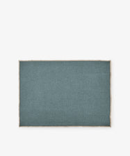 The Corte Placemat, Set of 6, features rectangular eco-friendly teal linen placemats with beige trim, shown on a white background.