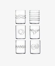 The Deco Water Glass, Set of 6, features six clear glasses with unique raised patterns encircling each piece—stylish accents arranged in two rows of three to add a joyful touch to any table setting.