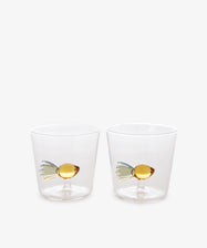 A set of two Ichendorf Milano Fish Tumblers, made from borosilicate glass with decorative fish designs, is displayed side by side on a plain white background.