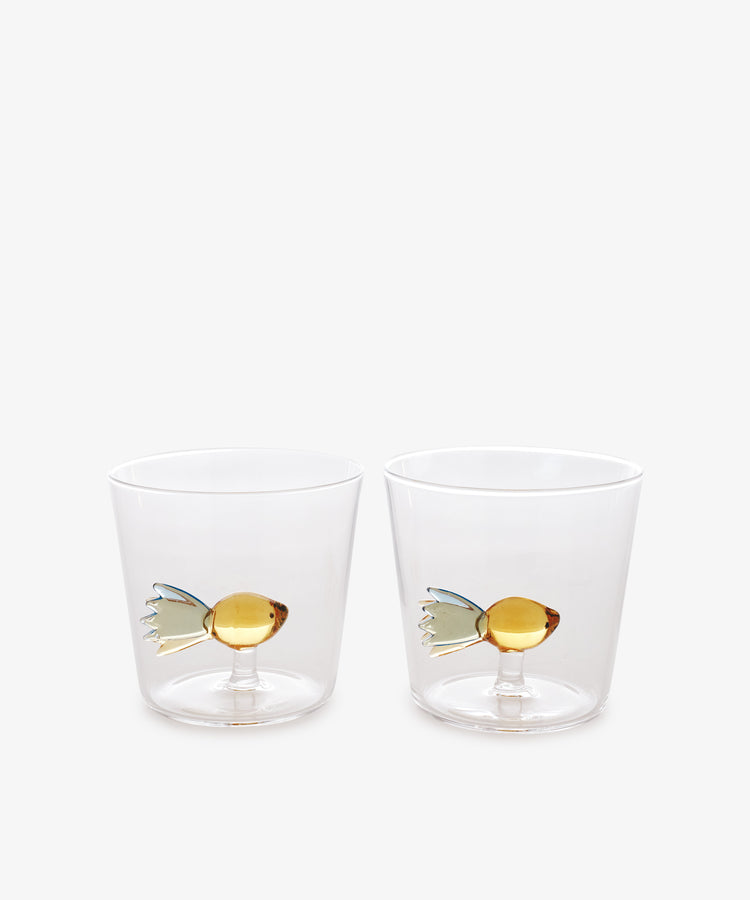 A set of two Ichendorf Milano Fish Tumblers, made from borosilicate glass with decorative fish designs, is displayed side by side on a plain white background.