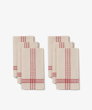 The Tilde Napkin Set of 6 features beige cotton-linen napkins with red stripes, neatly folded and arranged in two groups against a white background.