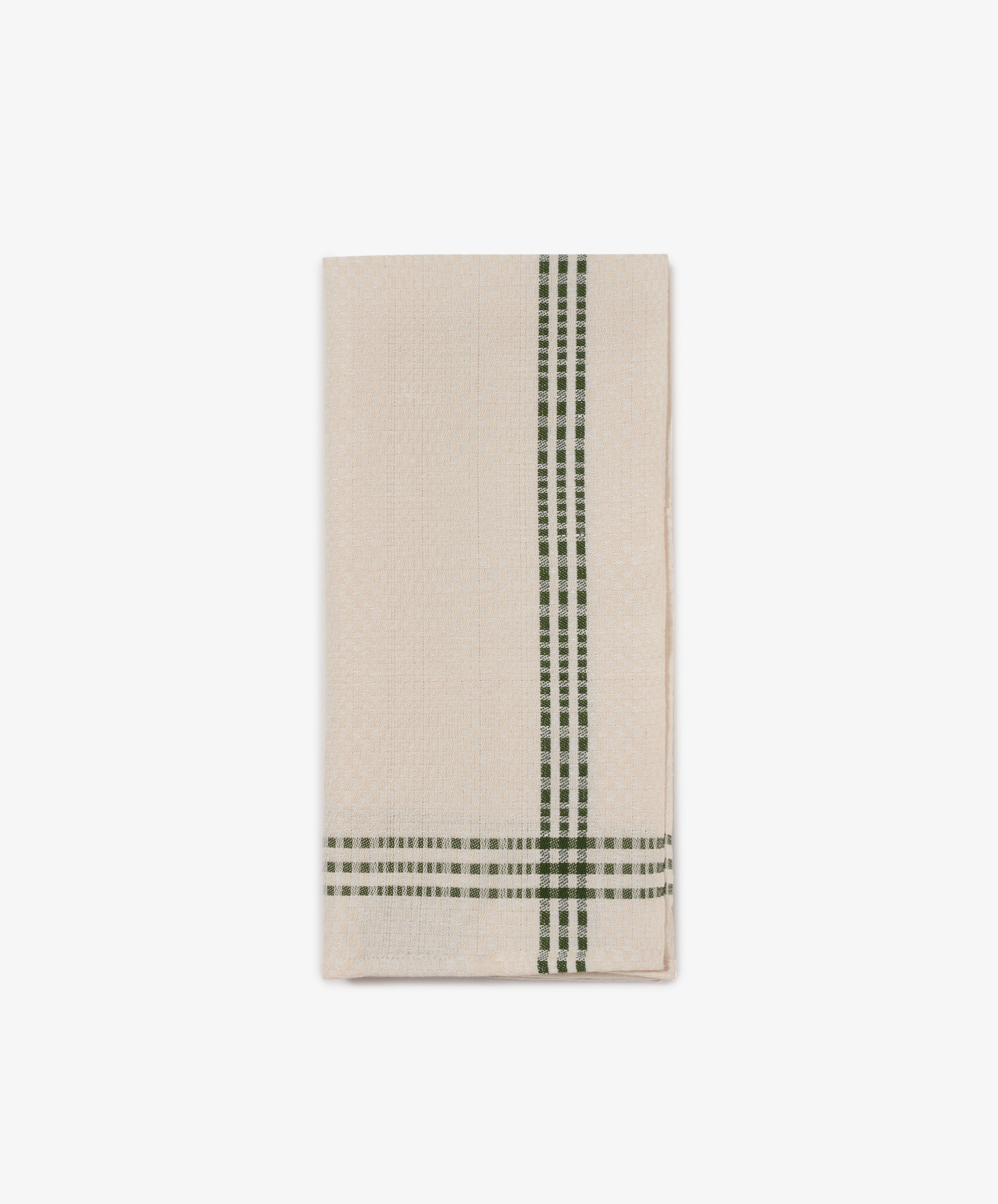 The Tilde Tea Towel is a beige cotton-linen blend with green checkered edges, featuring the classic Swedish Insjöns Daldräll pattern.