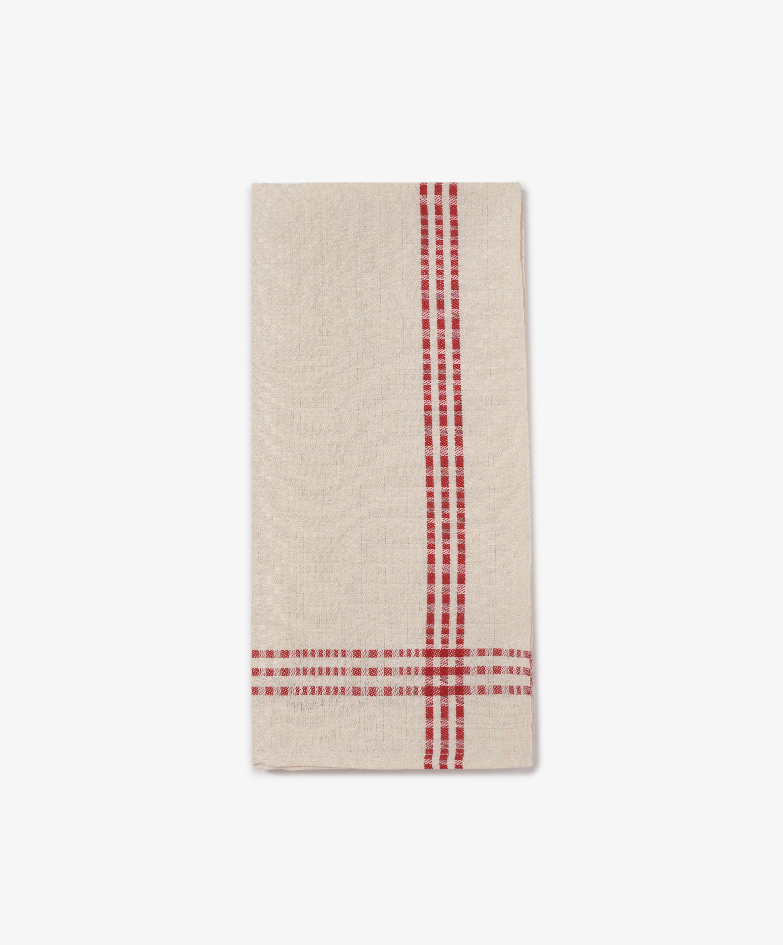 The Tilde Tea Towel, crafted from a cotton and linen blend in the traditional Daldräll pattern, features beige fabric with red plaid stripes along one edge, and is neatly folded on a white background.