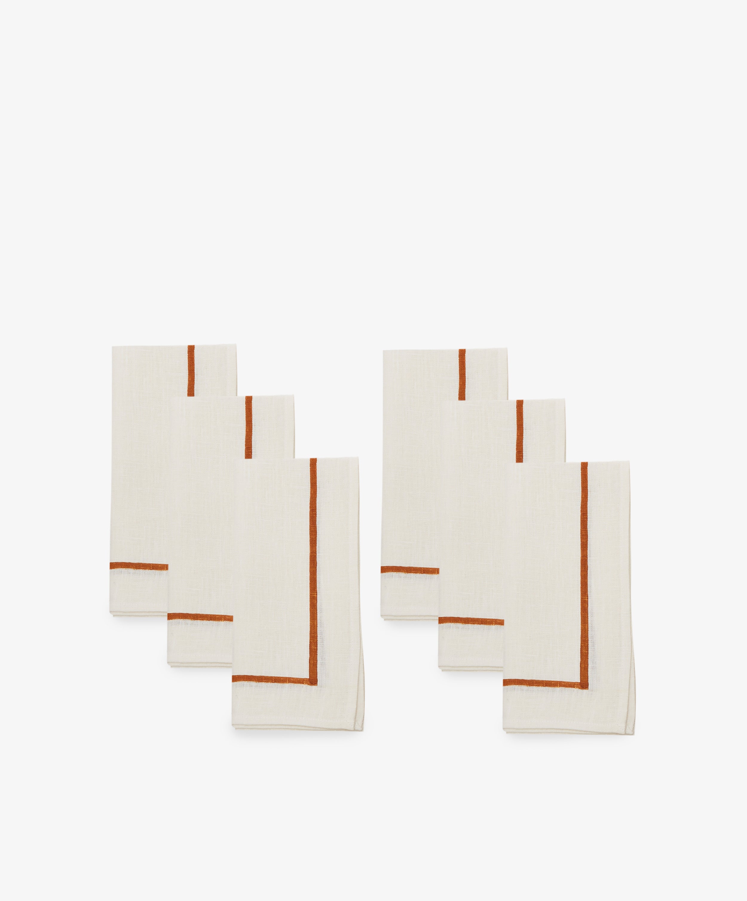 Riga Napkin. Two sets of three natural linen napkins with rust stitched stripe detail.