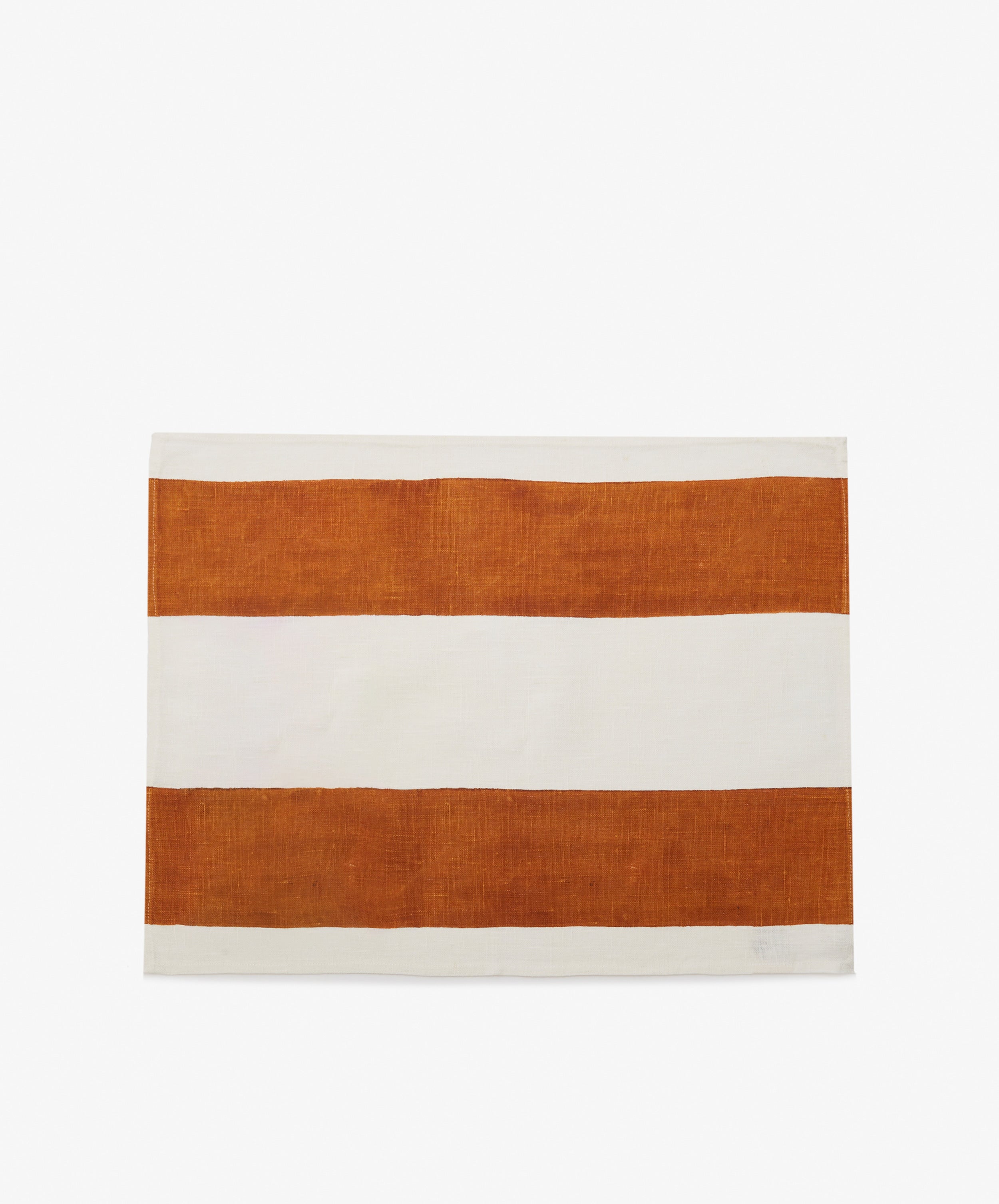 Riga Placemat. Folded white linen mat with thick rust stripes.
