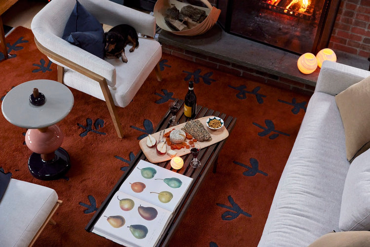 dog on chair next to fire place with table with wine and snacks on it