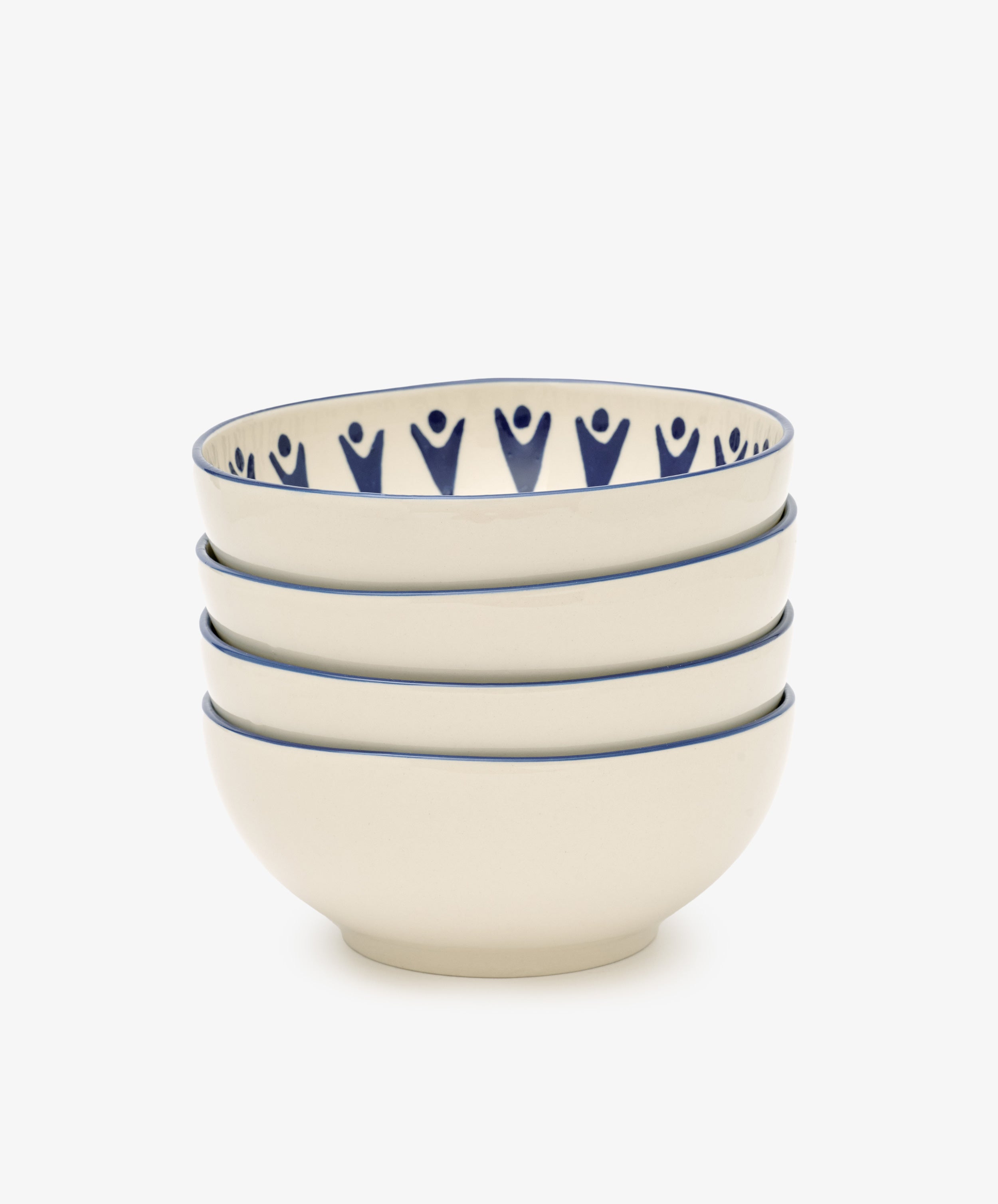 The Vito Cereal Bowl, Set of 4, features cream-colored ceramic bowls with a blue human figure pattern around the inside rim—perfect for everyday use.