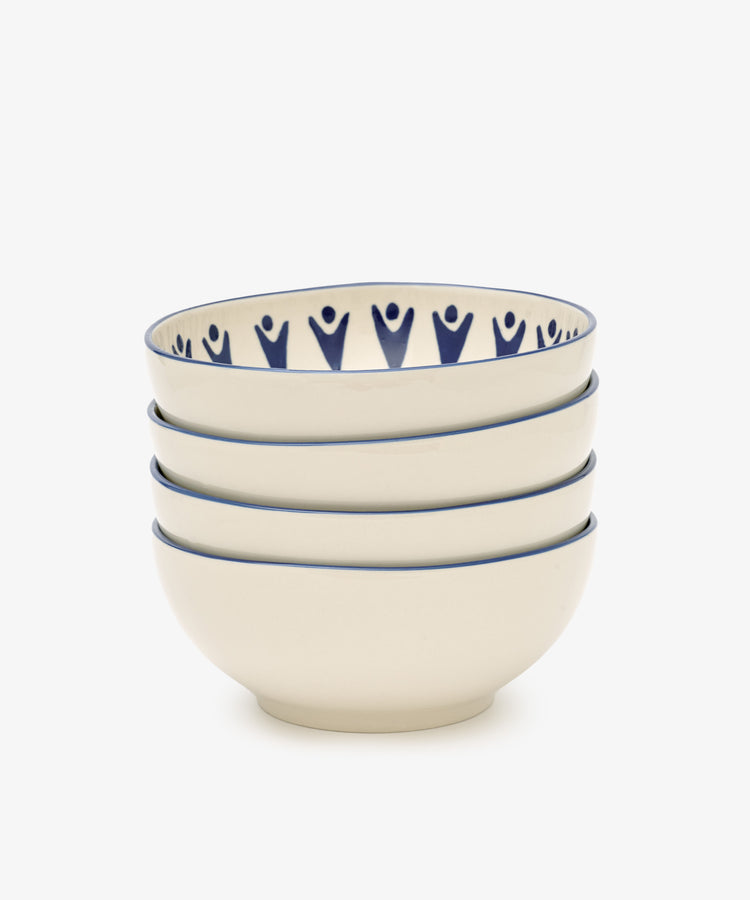 The Vito Cereal Bowl, Set of 4, features cream-colored ceramic bowls with a blue human figure pattern around the inside rim—perfect for everyday use.