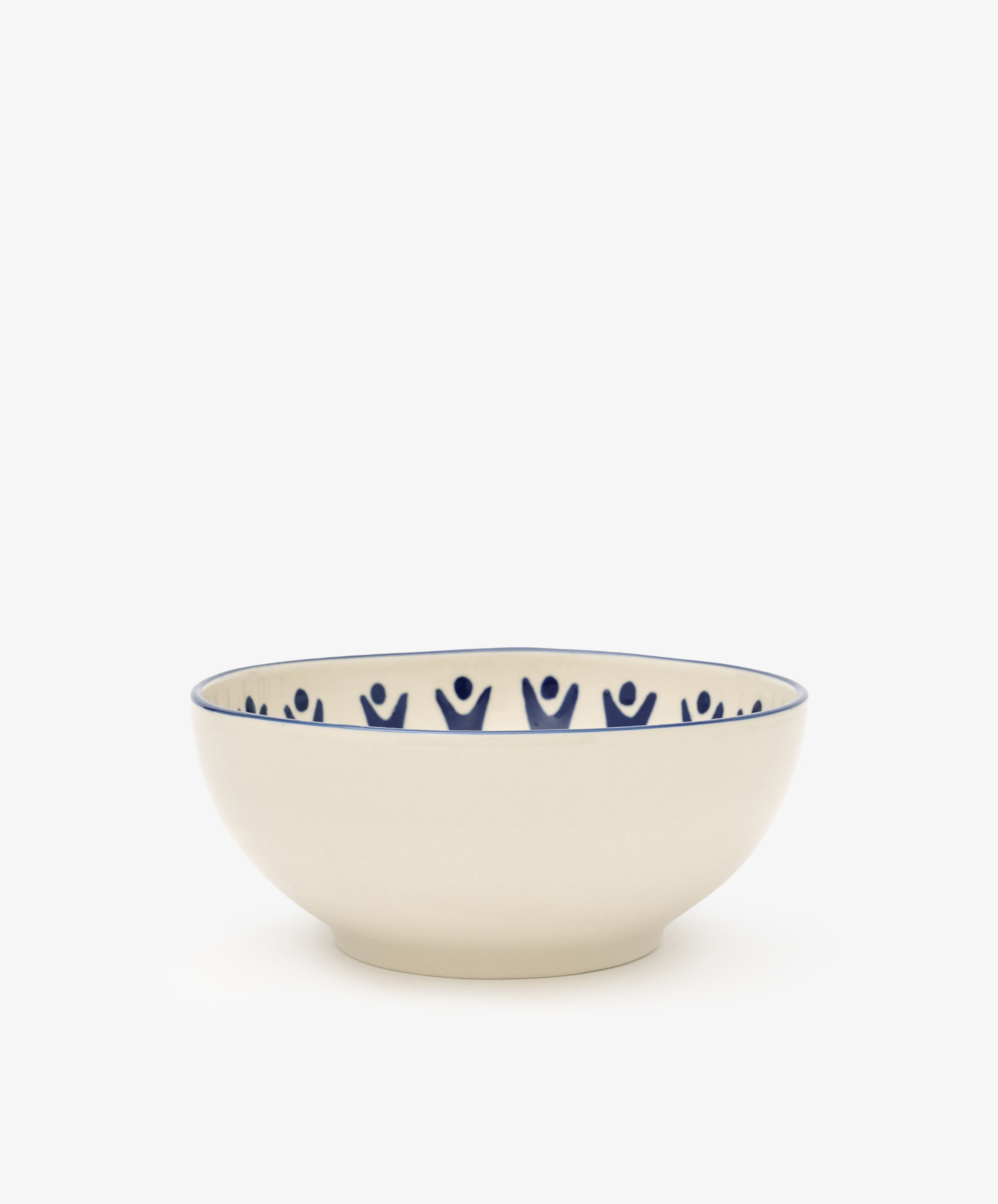 The Vito Cereal Bowl, Set of 4, features cream-colored ceramic bowls handmade with a blue rim and abstract human figures around the inner edge—ideal for everyday use.