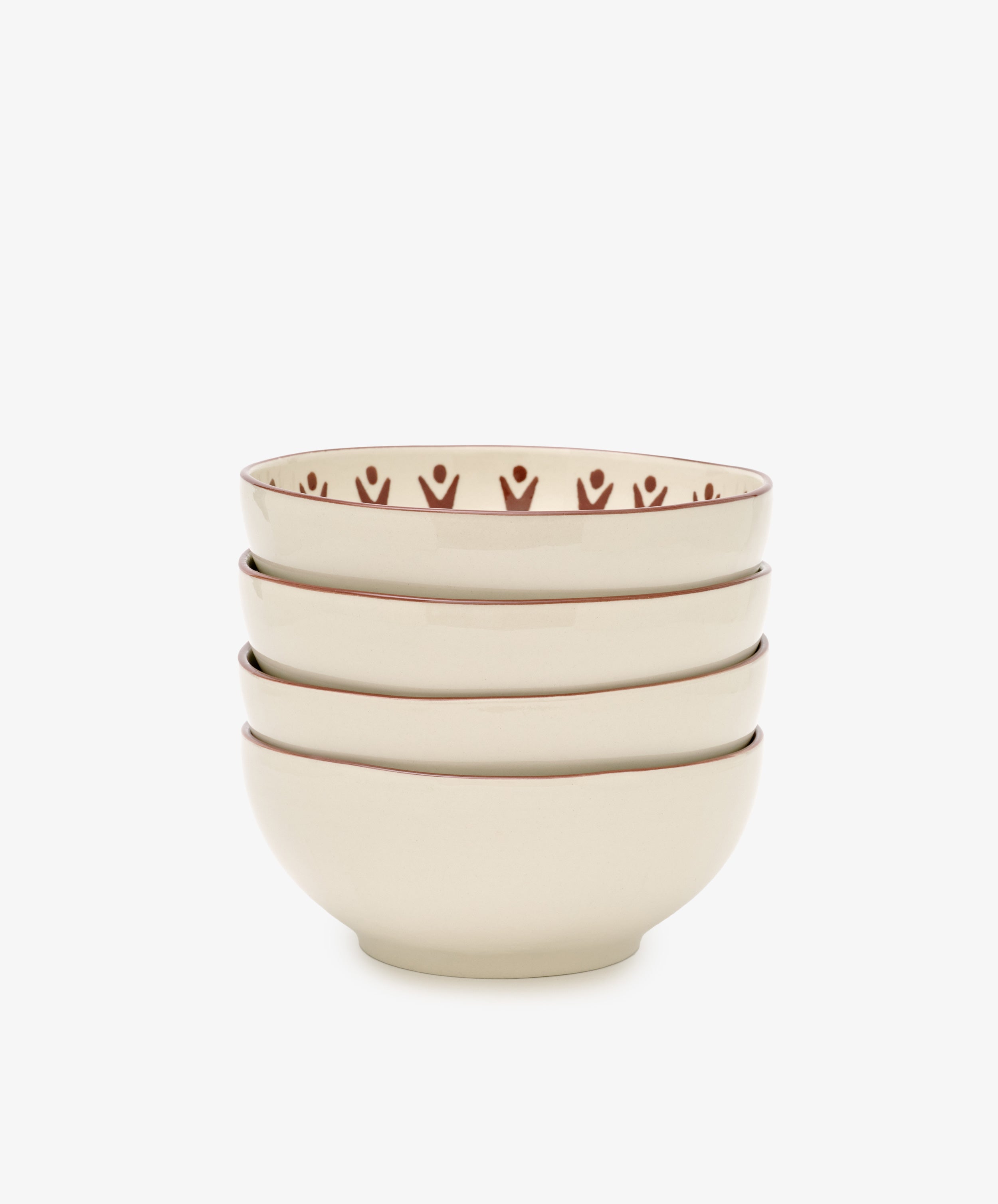 A set of four Vito Cereal Bowls in cream ceramic, handmade with a brown patterned inner rim, shown on a plain white background—ideal for daily use.
