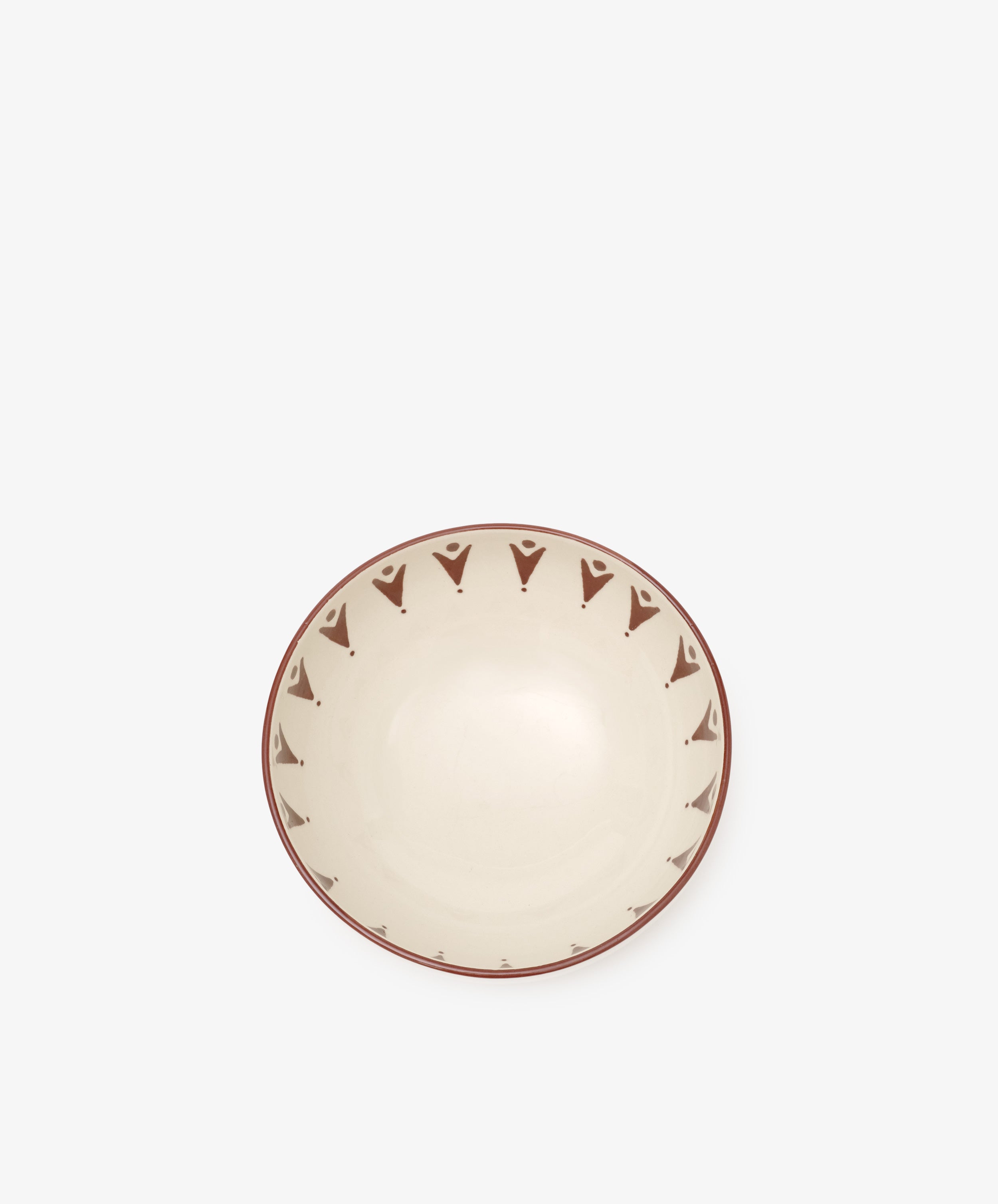 The Vito Cereal Bowl, Set of 4, features round cream-colored ceramic bowls with a brown geometric rim design, ideal for daily use and shown from above on a plain white background.
