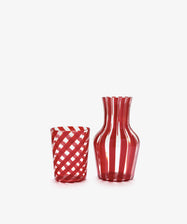 Louisa Bedside Carafe and Glass Set. Red diagonal striped tumbler and vertical stripe carafe in Murano glass.