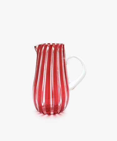 Louisa Jug. Murano glass pitcher with vertical red striping and clear glass handle, alt side view.