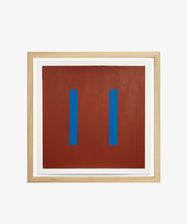 Magnetic Color field by Nat Sly. Abstract acrylic on square paper in maroon and blue, framed in wood.