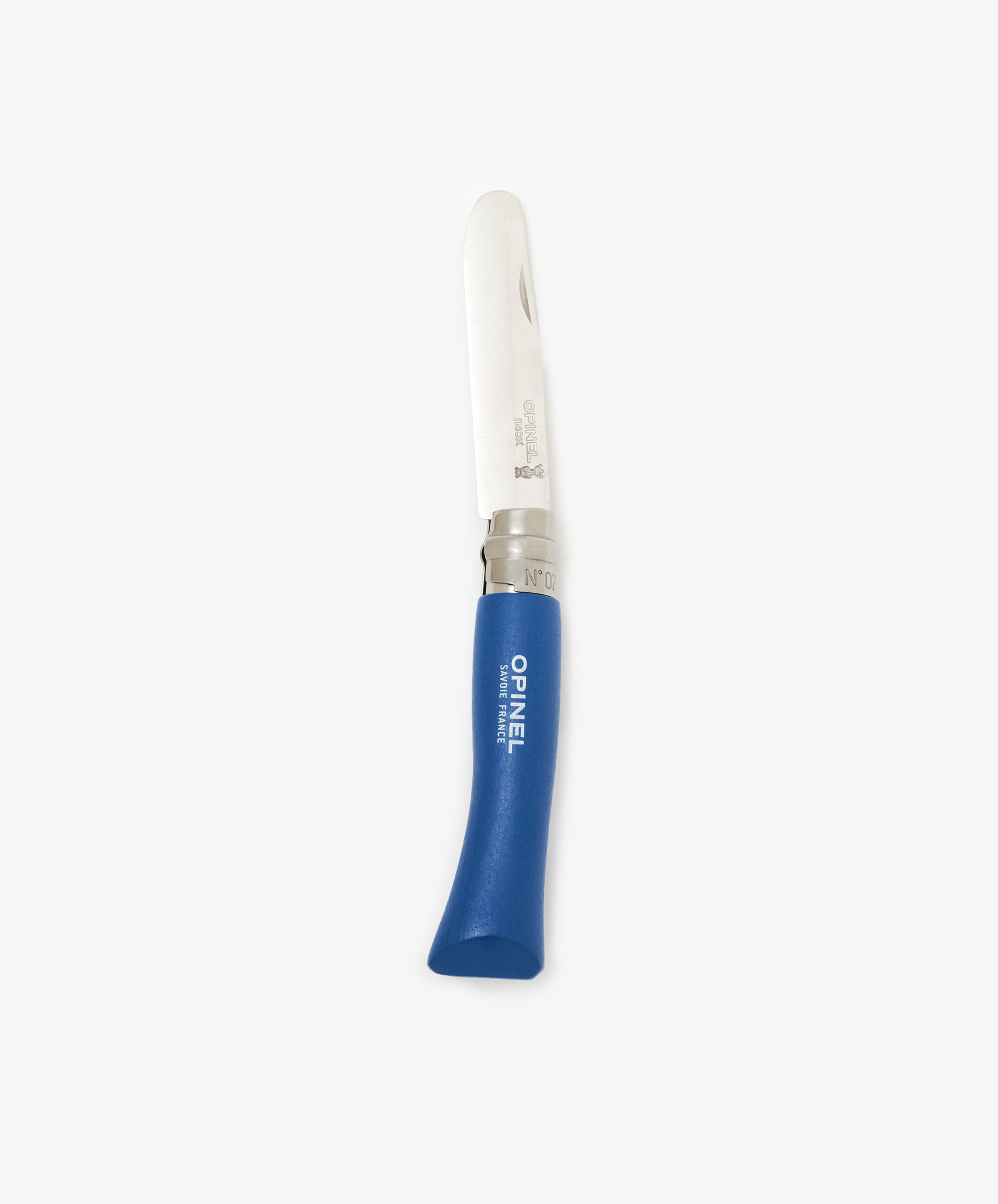 The Primo Kids Knife, a French folding knife with a rounded stainless steel blade, blue handle marked Opinel France, and safety locking ring, is shown against a plain white background.