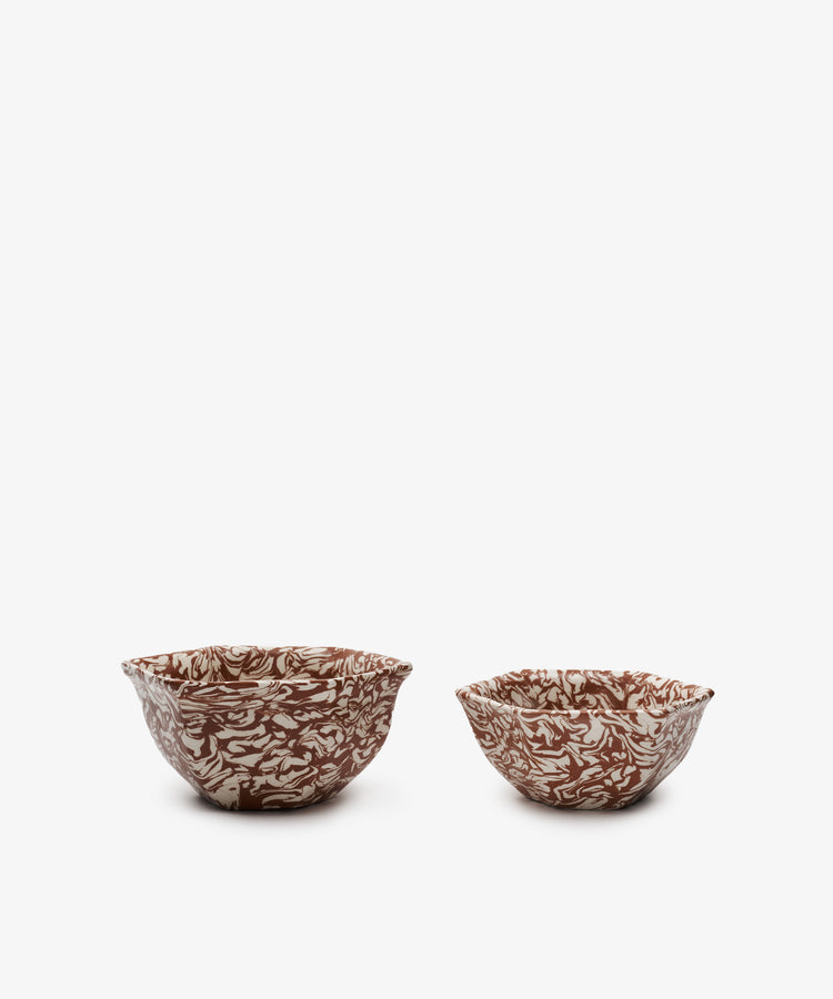 Two Celine Snack Bowls with irregular edges and brown marbled patterns, inspired by traditional aptware, sit side by side on a plain white background.