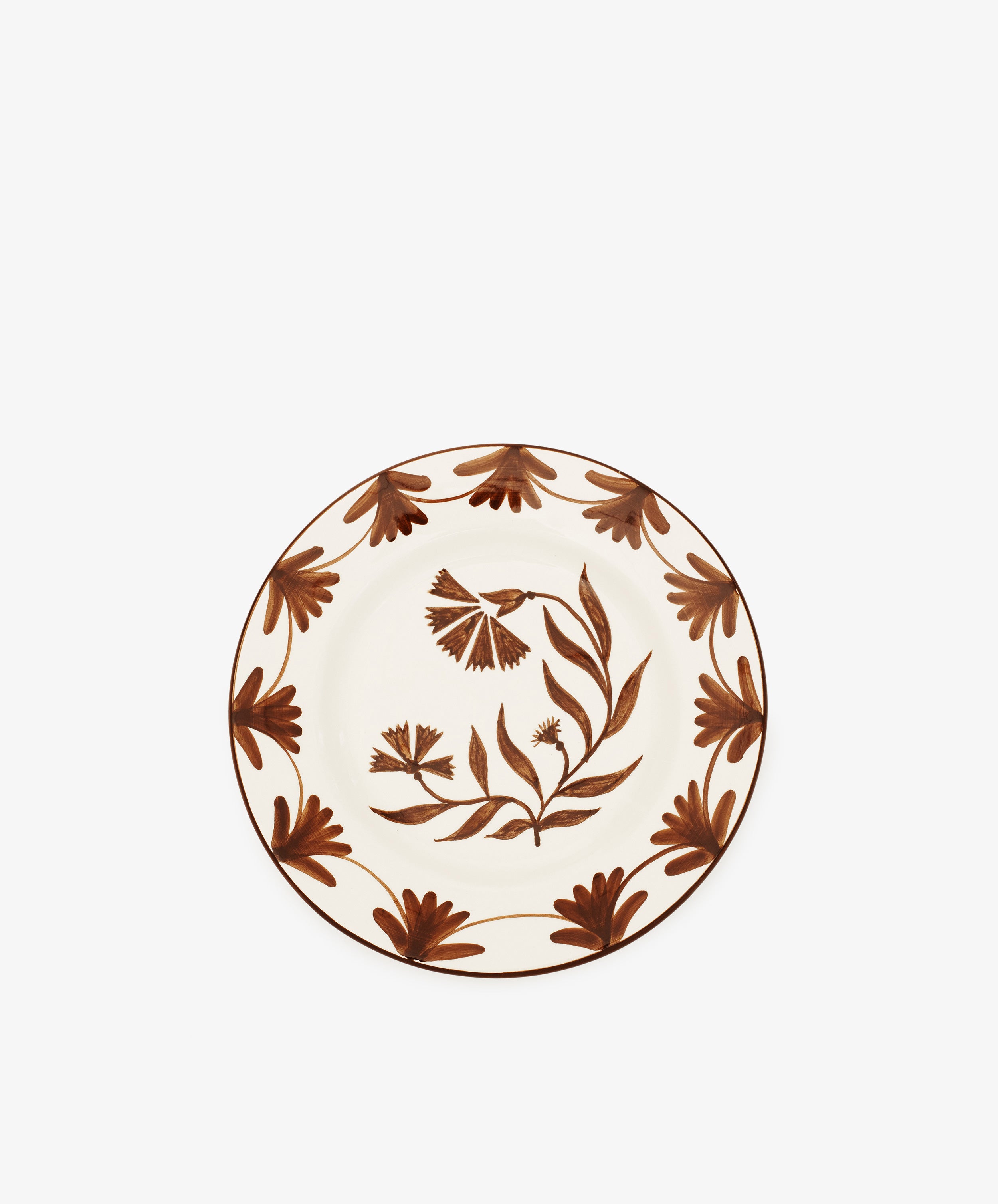 The Catalina Small Plate, Set of 4, features round ceramic plates with hand-painted espresso brown floral and bird designs on the rim and center, highlighting traditional craftsmanship against a plain white background.