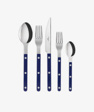 The Bistrot 5 Piece Cutlery Set features navy blue handles with silver rivets and includes a dinner knife, dinner fork, salad fork, tablespoon, and teaspoon—all arranged side by side for a touch of Parisian flair.