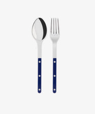 The Bistrot Serving Set features a metal spoon and fork with blue handles and three silver rivets, placed side by side on a white background, evoking Parisian bistro style.