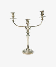 A set of 2 Vintage Silver-Plated Sheffield Plate Candelabra, each with three arms, central stem, decorative details, and a round base, showcasing Georgian-era elegance—photographed against a white background.