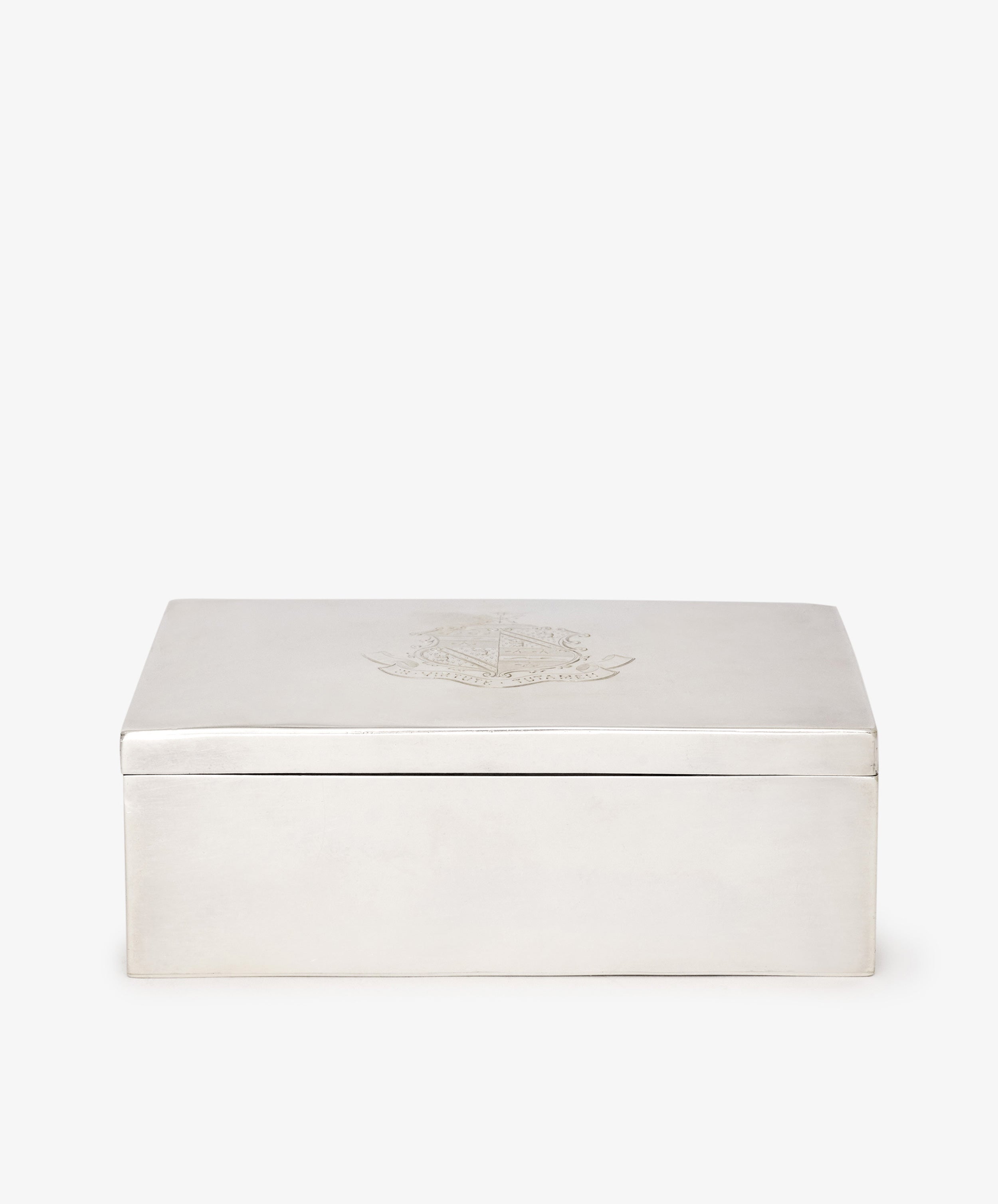 Vintage Scottish Silver Box with a flat lid, engraved crest on top, showcased on a plain white background.