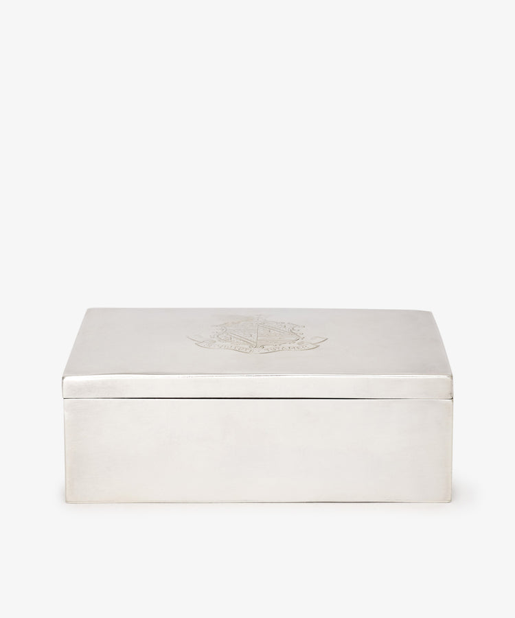 Vintage Scottish Silver Box with a flat lid, engraved crest on top, showcased on a plain white background.