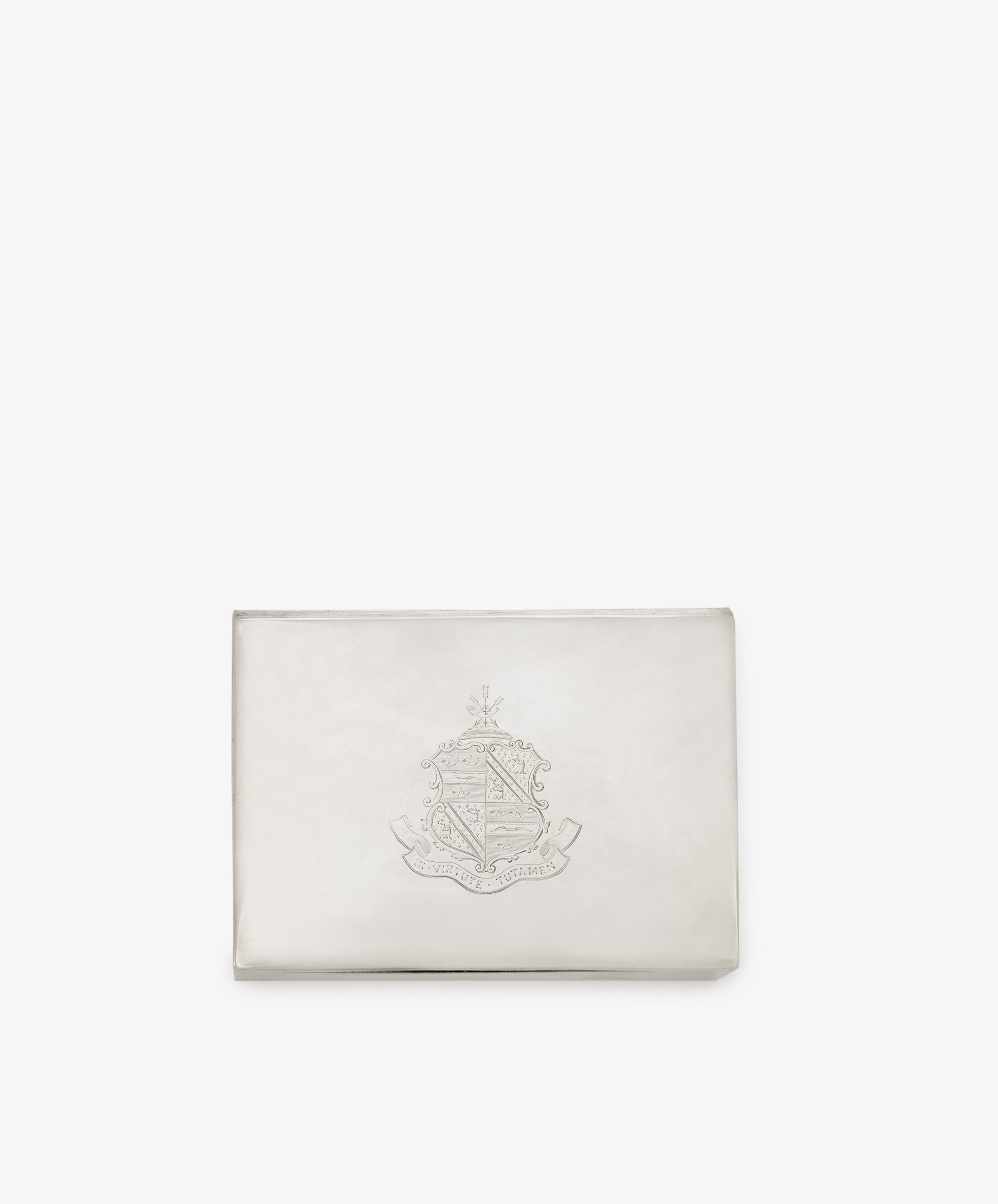 Vintage Scottish Silver Box featuring an engraved crest and decorative emblem centered on the front, displayed against a plain white background.