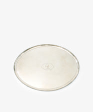 The Vintage Large Silver Tray, crafted in fine silver, features a simple engraved border and a small central crest with the motto Fidele, displayed on a plain white background.