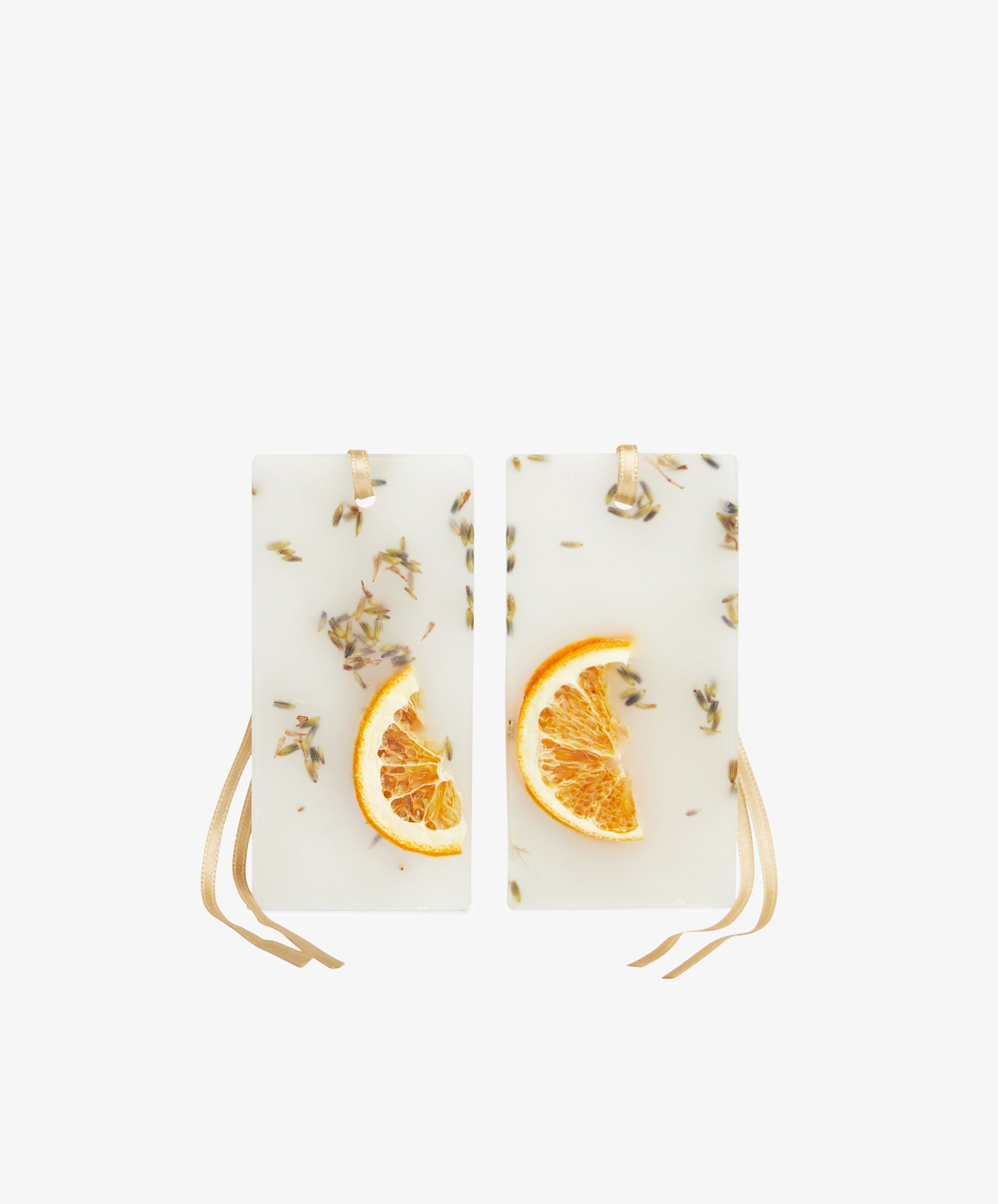 Aqua della Regina Scented Wax Tablets, Set of 2: rectangular white tablets with dried orange slices and lavender buds, each with a beige hanging ribbon, infused with Pot Pourri Cologne fragrance and shown on a plain background.