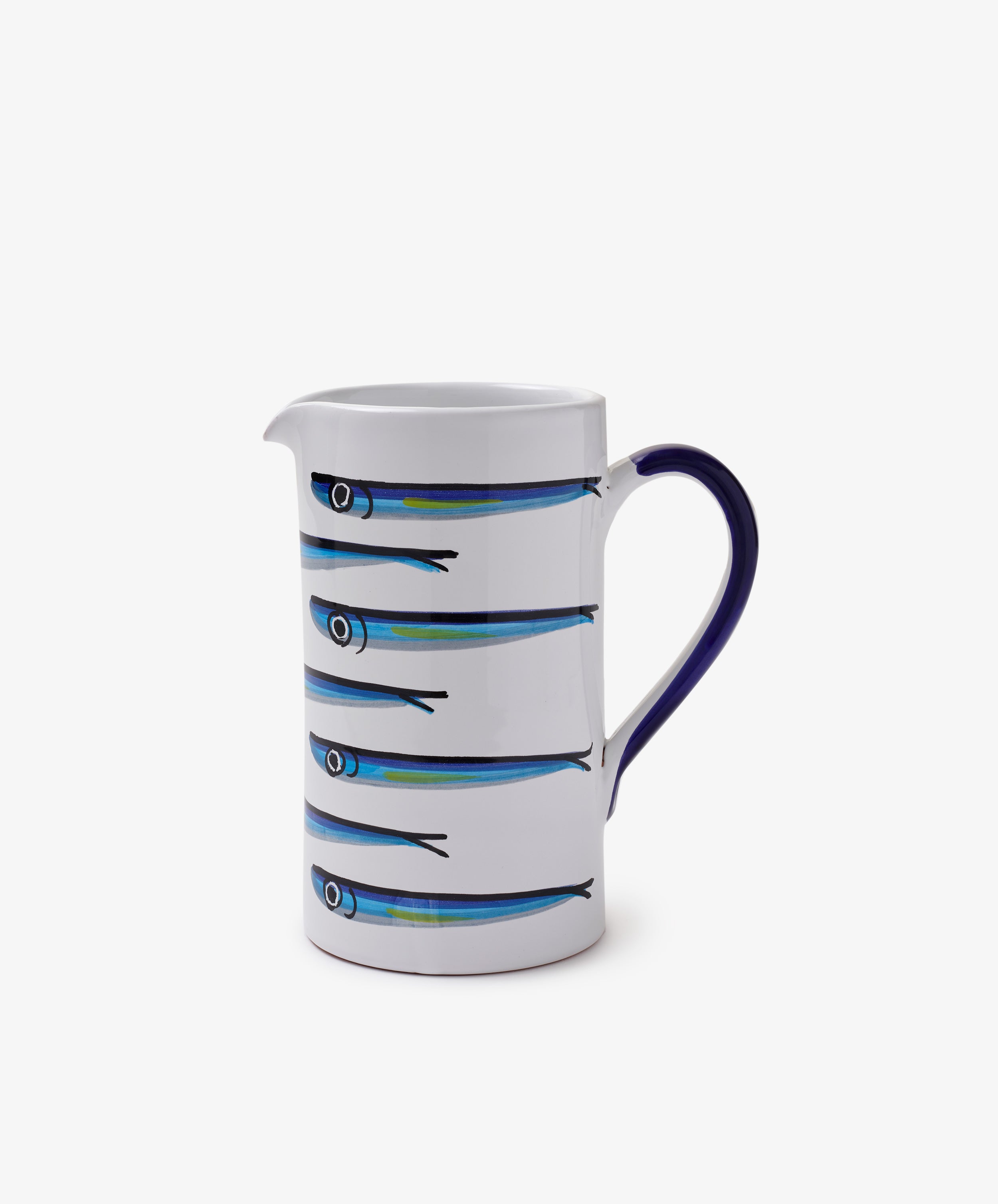 The Tommaso Jug is a white ceramic pitcher with a blue handle, featuring four stylized blue sardines in a horizontal row—bringing the charm of the Amalfi Coast to your table.