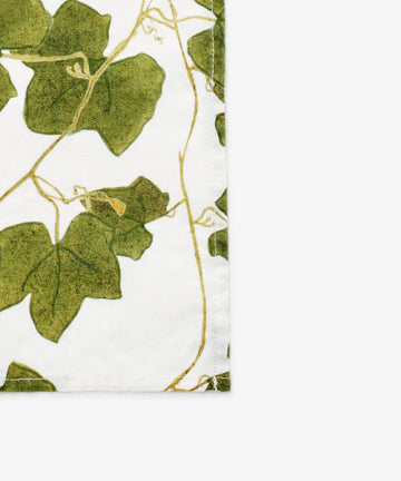 Ivy Herbarium Napkins. Image of set of six napkins. Verdant green vine imagery on napkin. Close up of corner.