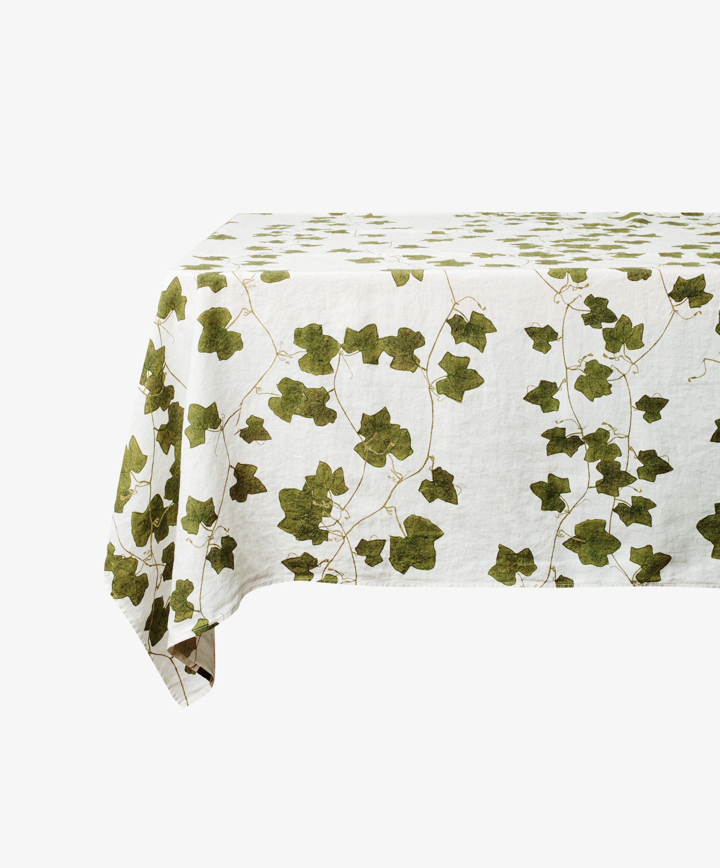 Ivy Herbarium Tablecloth. Ghost image of tablecloth draped over a table. Side view.