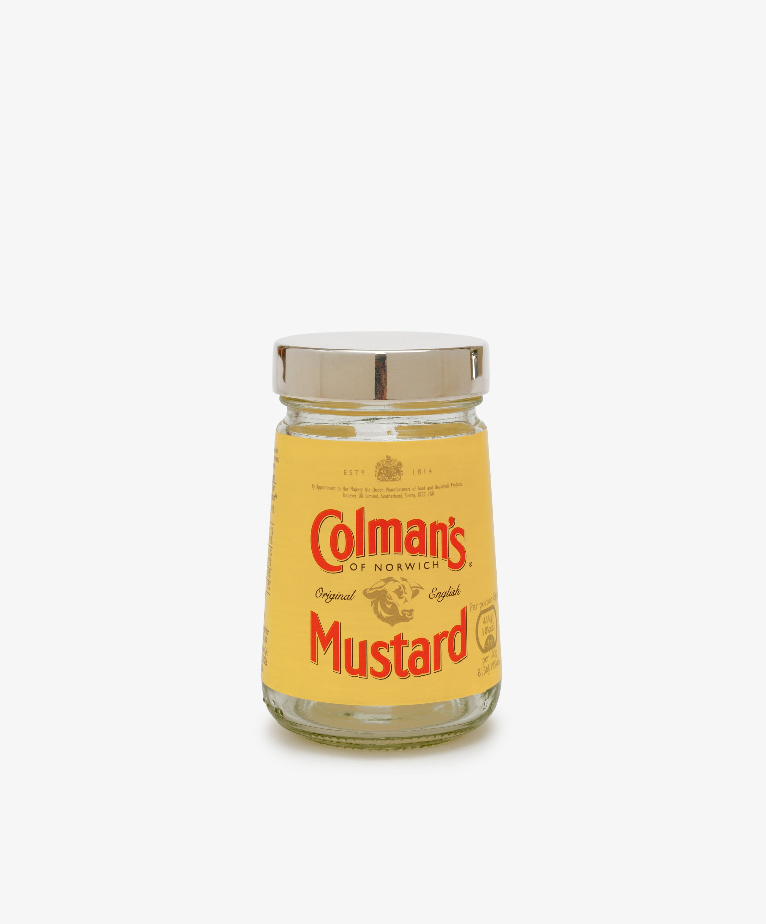 Sterling Silver Colman's Mustard Lid by Theo Fennell. Empty mustard jar with yellow label  and silver lid.