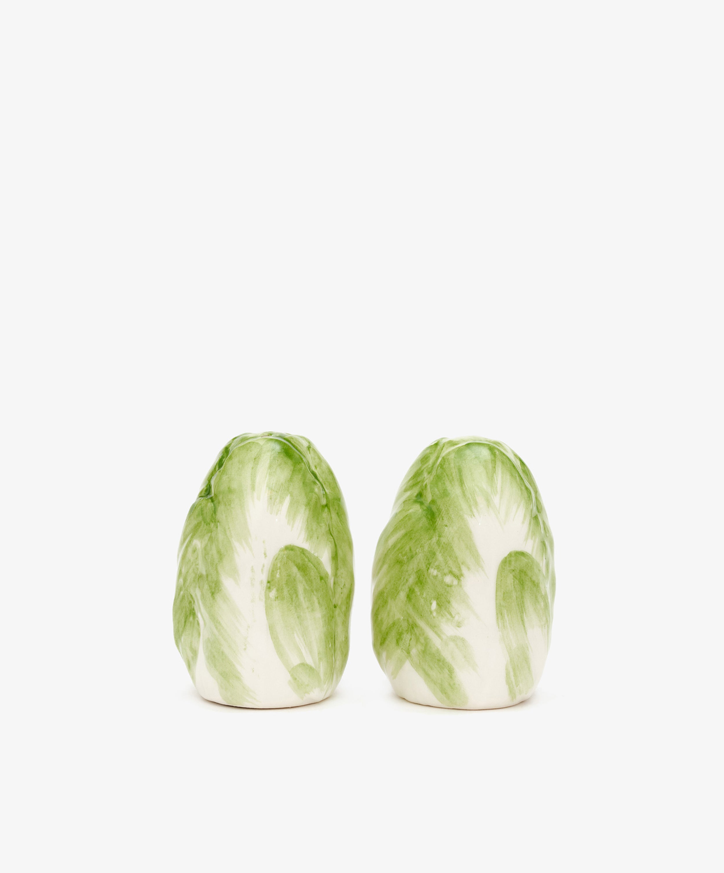 Radicchio Salt and Pepper Shakers. Green painted radicchio earthenware shakers.
