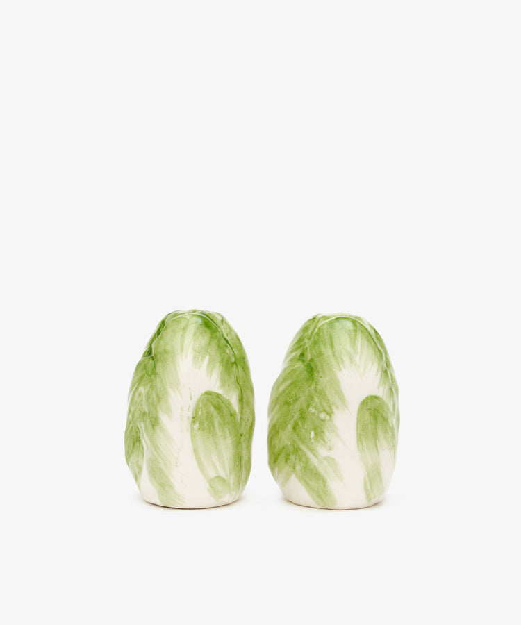 Radicchio Salt and Pepper Shakers. Green painted radicchio earthenware shakers.